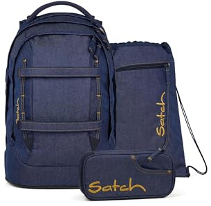 satch pack set Set zaino scolastico, 3 pezzi, ergonomico, 30 litri capacità, con astuccio e borsa sportiva Denim Blue - Blu scuro