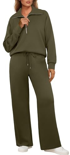 GRECERELLE Survêtement pour femme, ensemble de jogging en deux pièces, tenue décontractée, manches longues, col en V, demi-fermeture éclair, hauts et pantalons de jogging avec poches, Vert armée., L
