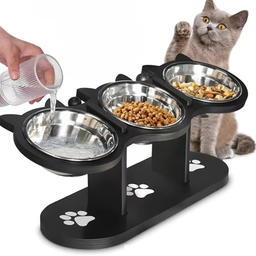 3-in-1 Raised Cat Bowls, Stainless Steel Elevated Cat Bowls with Stand Tilted 15°, Anti Vomiting & Jaw Turns Black, Anti Slip Cats Feeding Station with Wooden Base for Food and Water