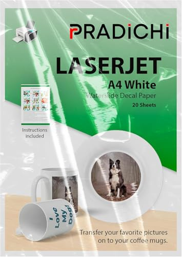 PRADICHI Water Slide Decal Paper A4 Size – 20 Sheets Waterslide Transfer Paper for Inkjet & Laser Printers | DIY Crafts, Mugs, Glass, Ceramics & Personalized Projects (20PACK Laserjet White)