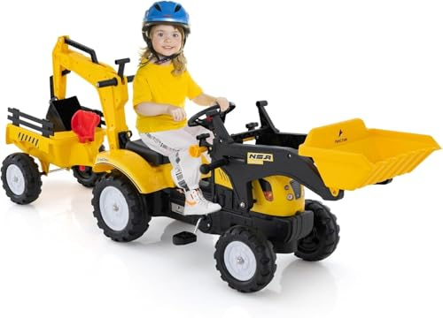 GOPLUS 3 en 1 Tractor de Pedales Infantil, Excavadora de Conducción con 6 Ruedas y Pala Excavadora Ajustable y Remolque Desmontable, Tractor Infantil con Bocina, 3-6 años, hasta 35 kg (Amarillo)