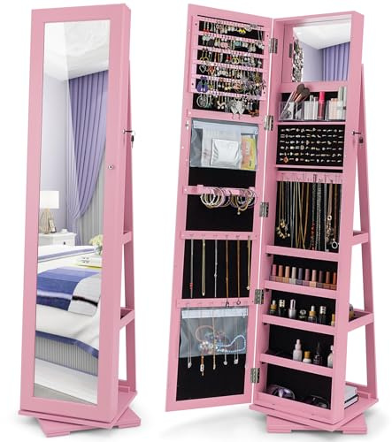 RELAX4LIFE Armoire a Bijoux Pivotante à 360º, Miroir sur Pied avec Rangement Bijoux Verrouillable, Anti-Rayures avec Doublure, 3 Étagères Arrières, pour Bague Bracelet Boucles (Rose)