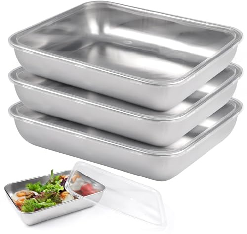 3 Pieces Stainless Steel Containers with Lids,25 x 20 x 5 cm Fridge Storage Containers,Reusable Meal Prep Containers,Stackable Metal Food Containers for Breading, Fish and Fruits