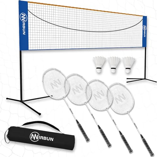 Nirbun – Badminton-Set für 4 Spieler mit Netz | Professionelle Schläger + 3 Federbälle + Tragetasche | Robuster Metallrahmen | 5,1 m Netz | Familienspiel für drinnen und draußen
