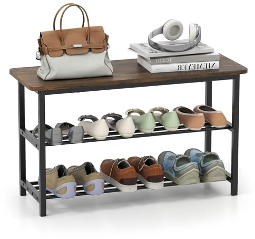 COSTWAY Shoe Rack Bench, 3-Tier Shoe Organiser Storage Shelf with Seat, Industrial Metal Frame Hallway Bench Shoes Stand Unit for Entryway, Living Room and Bedroom, 80x30x46cm, Rustic Brown+Black