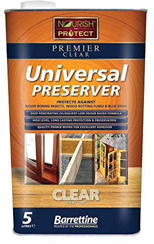 Barrettine 5L Universal Wood Preserver - Oil, Transparent, Semi-Transparent Matt to Satin, Interior/Exterior, 12.5 sq.m./L, 24hr Full Cure, Water Resistant