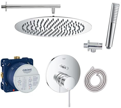 vanvilla Duschsystem mit Unterputz Duscharmatur von Grohe Essence Einhebelmischer mit vanvilla Regendusche mit Armatur, Duschkopf rund poliert SET GE105