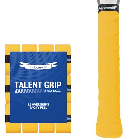 G-Lueck 12 Tennis Overgrips Talent Grip Alta aderenza | 0,50 – 0,60 mm di Spessore | per Racchette da Badminton da Squash e Golf con Nastro Adesivo di Chiusura (Giallo Sole)