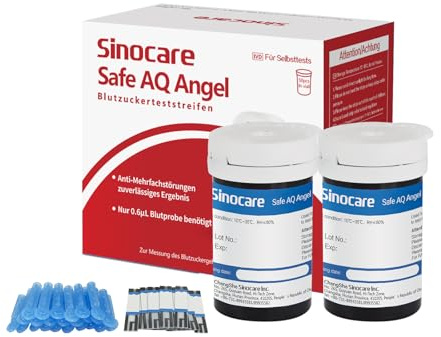 Sinocare Strisce Glicemia per Safe AQ Angel, con 50 Strisce Diabete e 50 lancette aghi, Strisce Reattive SOLO per Glucometro Safe AQ Angel
