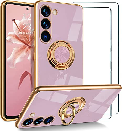 ATISIJIE Handyhülle für Samsung Galaxy S23 Hülle mit 2 Stück Schutzfolie, 360° Rotating Ständer Magnet Autohalterungen TPU Silicone Schutzhülle Shockproof Ring Halter Case für Damen Violett