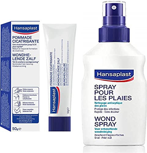 Hansaplast Pommade cicatrisante, Pommade réparatrice non parfumée - lot de 2 & Spray Antiseptique, Spray nettoyant pour les plaies superficielles, Désinfectant pour protéger les plaies des infections