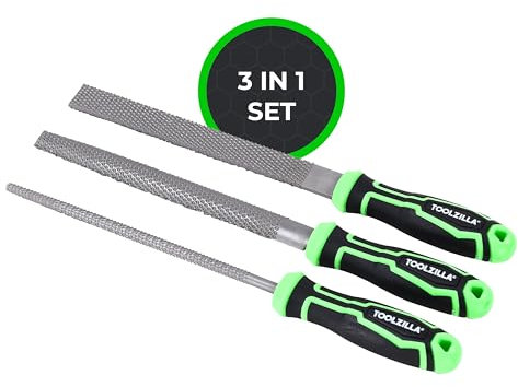 TOOLZILLA Wood Filler Set of 3 - Premium Durable Steel Construction - Professional Grade Wood Rasp Files for Precision Shaping and Smoothing - Ergonomic Rubber Soft Handles - Green