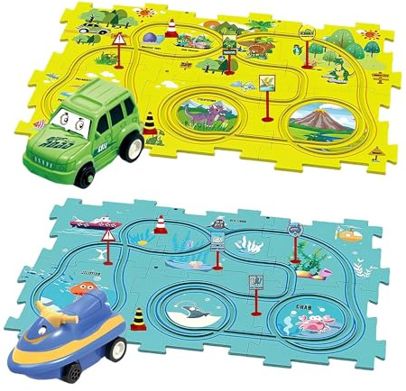 Pista Macchinine per Bambini DIY Pista del Puzzl DIY Rotta Gioco Giocattolo Educativi Regalo Giochi Bambini (Dinosauro/ocean）