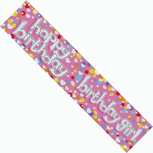 Birthday Girl Party Banner – Pink Glitter Hearts Design – Happy Birthday Decoration – 2.7m Long Celebration Banner, Extra Wide