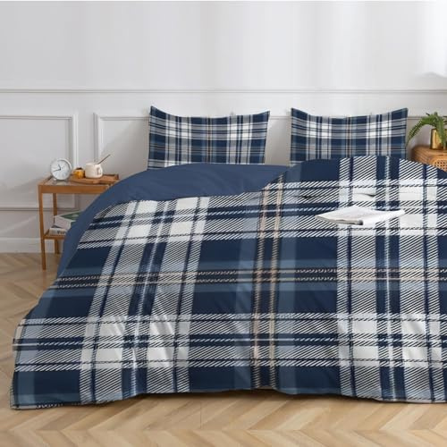 dyausi Cpripiumino Matrimoniale 240x220, Scozzese Plaid Parure Copripiumino Matrimoniale 3 Pezzi, Biancheria da Letto in 100% Microfibra con Cerniera e 2 Federe 50x80cm - Blu Grigio