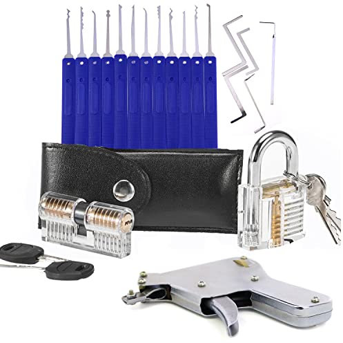 Lot de 2 serrures transparentes avec 15 crochets, 1 pistolet d'ouverture de serrurier, kit d'entraînement pour débutants (bleu)