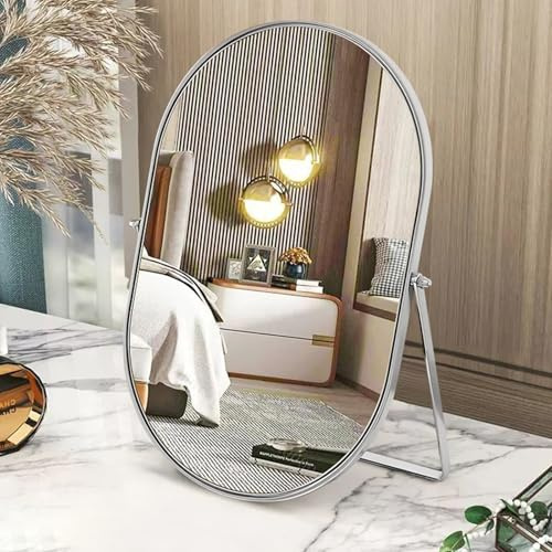 Skrivbordsspegel, 90° roterande oval sminkspegel, metallram bordsspeglar, silver HD bärbara speglar för bänkskiva, toalettbord, vardagsrum