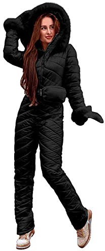 BOTCAM Skidoverall för kvinnor vinter – snödräkt, skiddräkt, skidoverall, skidoverall, skidoverall, med huva, snöjacka, skidbyxor, skidkläder, vindtät skidkläder, jumpsuit, Svart 11, M