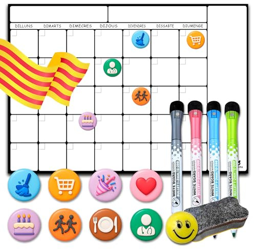 Catalan - toot Calendari Magnètic per a Nevera A3 (42x30) Planificador Mensual i Setmanal amb 4 Retoladors, Esborrador, Emoji i 8 Imants Temàtics | Pissarra Organitzadora de Cuina