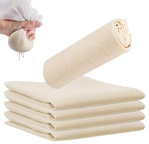 Jortmrd Lot de 5 Étamines Alimentaires 80x80cm,Tissu Filtrant en Coton Réutilisable et Lavable Pour Fromage,Beurre,Jus,Lait de Noix,Tofu et Thé Grade 100 Mousseline Non Blanchie (Filtre Multiusage)