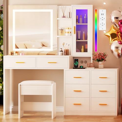 ANWBROAD Toeletta Trucco con Luci e Prese illuminazione Regolabile 3 Colori Moderna Grande Postazione Trucco con Specchio e Sgabello 8 Cassetti 3 Ripiani Aperti, Tavolo da Trucco Bianco BDT77W