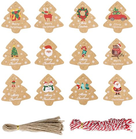 Etiquetas Regalo Kraft Navidad, 96 Pcs Etiquetas de Navidad con Hilo de Algodón y Cuerda de Cáñamo para Envases de Regalos y Decoración del Árbol de Navidad
