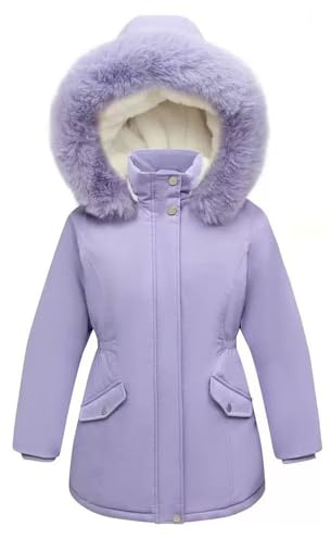 Girls Winter Jackets Fleece Line Windproof Long Coats with Faux Fur Hood Kids Heavyweight Warm Padded Jackets Long Sleeve Zip Up Outwear (Purple, 9-10 Years)
