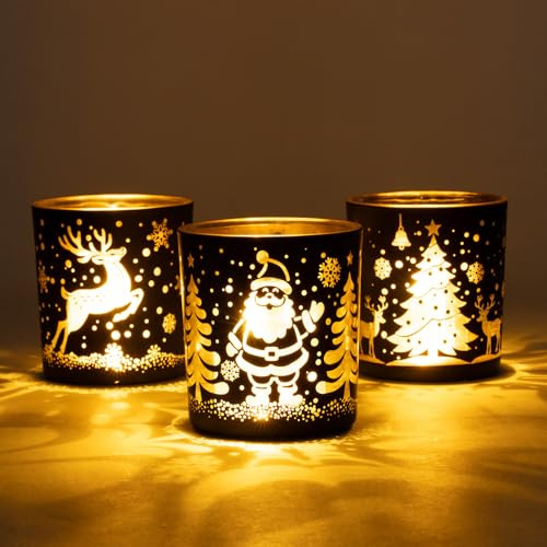 Romcanmy Photophore Noël pour Decoration Noël Table, Lot de 3 Photophore Verre pour Bougies Chauffe Plat AVCE Père Noel Sapin Rennes Flocon, Doré Noir Bougeoir Noel Table pour Fête Interieur Maison