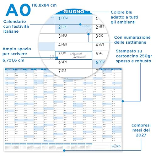 Calendario 2026 da Muro 118x84 cm Planner da Parete | Spedito Arrotolato Senza Pieghe | Formato da Parete Maxi Grande A0 | Calendario Positivo