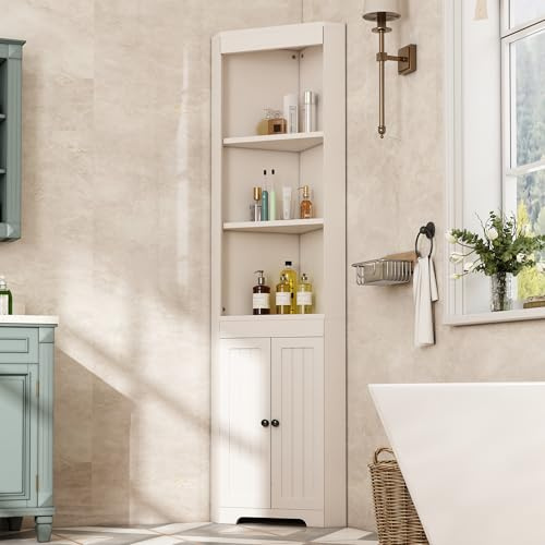 BXEYXE Mobile alto da bagno, tre ripiani aperti, porte a battente resistenti all'umidità, ripiani scorrevoli, forma semplice, bianco