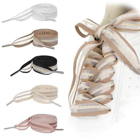 Floruvia 5 Pares de Cordones de satén para Mujer, Cordones Planos de Tela Suave de 2 cm de Ancho, Cintas de Zapatos a Rayas en Colores Vibrantes
