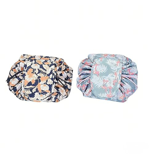ZXTGBQ 2 Lazy Drawstring Makeup Bags, Flat Lay Make Up Bags Large-Capacity Travel Make Up Organiser for Cosmetics Portable Large Travel Toiletry Cosmetic Bag for Women Girls