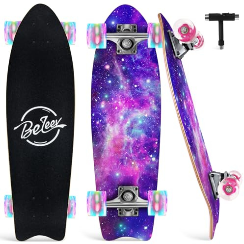 BELEEV Cruiser Skateboards for Beginners, 27 x 8 inch Complete Skateboard for Kids Teens Adults, 7 Ply Canadian Maple Double Kick Deck Concave Skateboard with Skate T-Tool (Galaxy Purple)