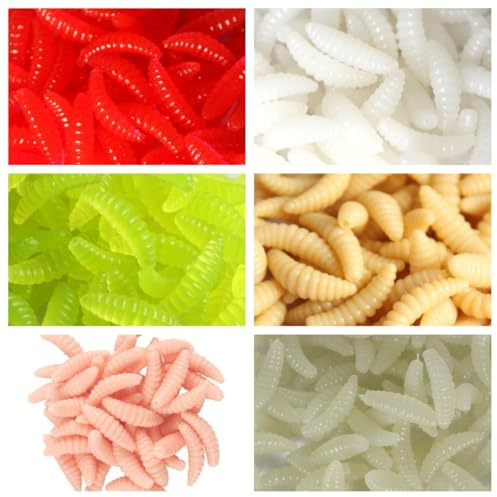 Vzuiwkfmr 300/600-Piece 6Colors Silicone Maggot Soft Bait, Imitation Soft Lure, Artificial Fishing Lure with Fishy Scent 0.79in/2cm 0.01oz/0.28g (600pcs)