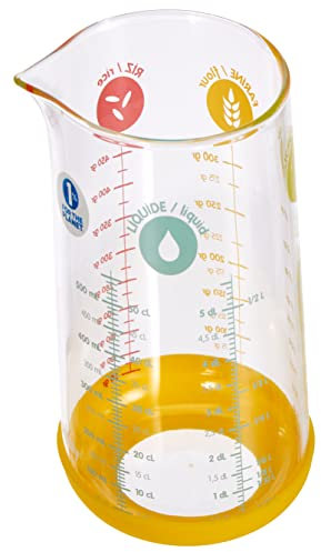 Pebbly - Verre Mesureur en Verre - 500 ml - Avec Base Silicone Antidérapante et Bec Verseur - 4 Mesures de Liquides (ml, cl, dl, L) Facilite les Conversions - Matériaux Naturels