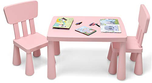 COSTWAY Set Tavolo e Sedie per Bambini 3+ Anni, 2 Sedie Ergonomiche con Schienale, Materiale PP Atossico e Inodore, Angoli Arrotondati, Adatto per Giocare, Disegnare e Leggere, Portata 50kg (Rosa)