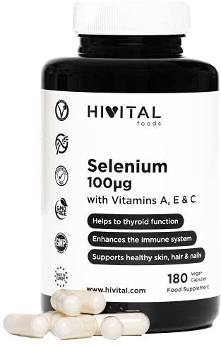 Selen 100 mcg. 180 vegane Kapseln für 6 Monate. Aktives L-Selenomethionin mit den Vitaminen A, E und C. Hefefrei. Hergestellt von HIVITAL