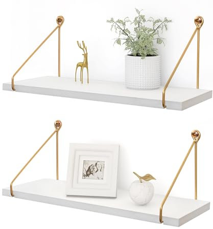 Afuly Wandregal Weiß Holz Gold Metall Regale für Wände Modern Badezimmer Kinderzimmer Küche Wohnzimmer 2er Set
