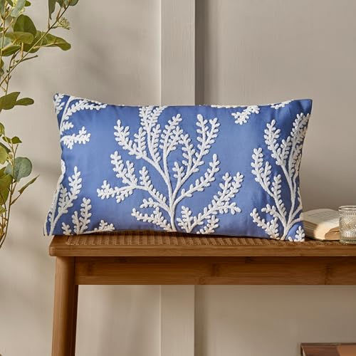 Catherine Lansfield Coral Leaf Embroidered 30x50cm Cushion Blue