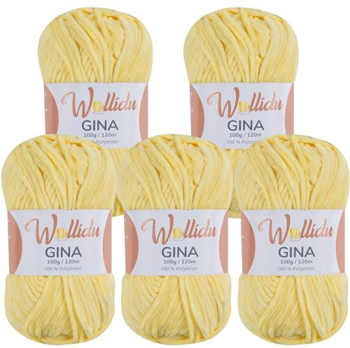 Wollidu Gina Chenille Garn zum Stricken und Häkeln 5 x 100g/120m Set 100% Polyester - Gelb
