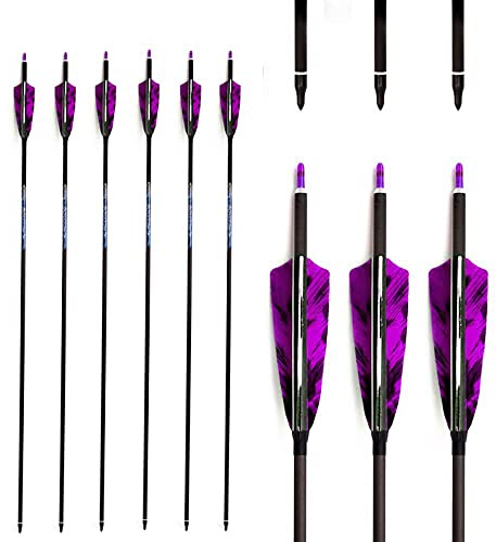 ACCMOS 6pz Blanco Púrpura Pluma Flechas de Caza Spine 800 ID 6.2 mm 4 Pluma de Pavo de Camo 29 Pulgadas para Arco y Flecha Tiros (29inch, Spine 800)