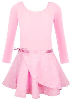 EQSJIU Long Sleeve Leotards for Girls Split Type Leotard and Skirt Pink Girls Leotards for Ballet 5-6 Years