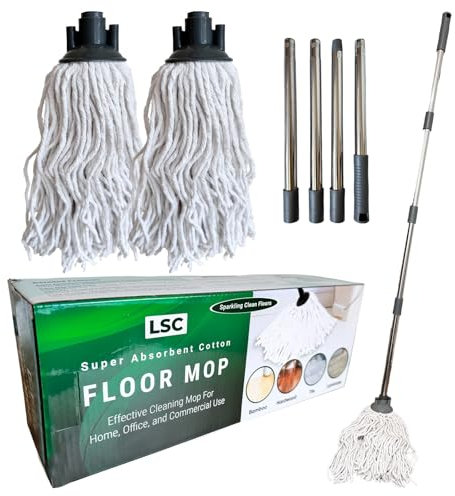 LSC Mopa de Algodón - Mopa de Tiras con Mango de Acero Inoxidable de 120 cm, Cabezal de mopa reemplazable Adicional, mopa Absorbente y sin Rayas para Suelos de Azulejos y Madera