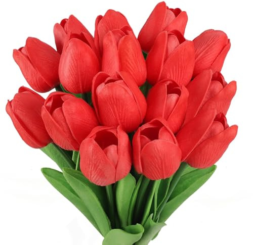 N&T NIETING Lot de 12 Tulipes artificielles en Latex Toucher réel pour Bricolage, Mariage, Maison, Jardin, hôtel, fête, Bureau (Rouge)