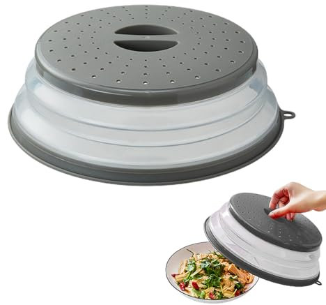 Mikiuly Tapa Microondas Plegabl,Tapa para Microondas,Cubierta para Microondas,Tapa de Salpicaduras de Microondas, para Calentar Alimentos, Escurrir Frutas y Verduras(Gris)