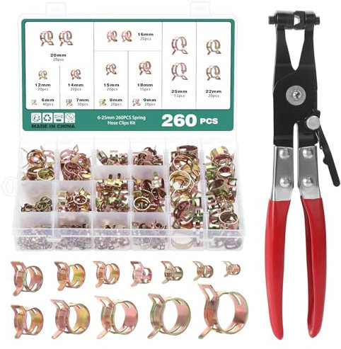 Faankiton 260 Pièces Colliers de Serrage à Ressort, 12 Tailles 6-25mm Clips à Ressort Tuyau Serre-Joints à Tuyaux, Colliers de Clip à Ressort, Colliers de Conduite de Carburant Tuyau avec une Pinces