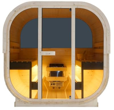 SANOTECHNIK HANKO - sauna esterna e cabina a infrarossi per 6 persone 210 × 180 × 210 cm, forno Harvia 8 kW, legno di abete rosso, vetro ESG - Art. n. F60180