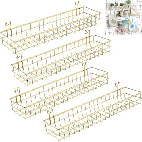 Blulu 4 Pcs Gold Metal Grid Wall Baskets with Hooks Grid Wall Shelves 15.75 x 3.94 x 1.97 Inches Hanging Wire Basket Multi Function Storage Organizer for Kitchen Organizing Display