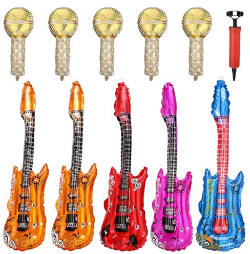 GSrenyu 11pcs Inflatable Instruments Party Props,Guitar Microphone and Small Inflatable Pump for 70s 80s Disco Party Kids Adults Party Concerts