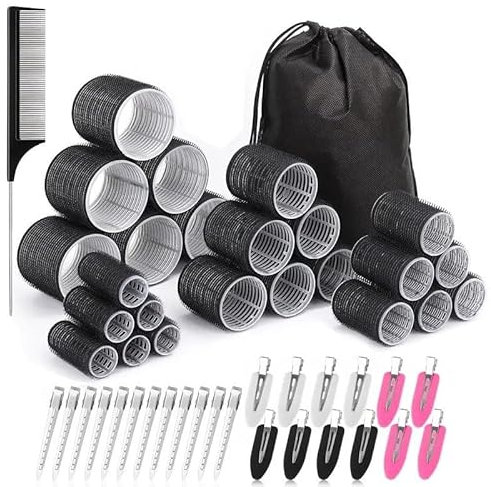 Set di rotoli per capelli senza calore, 4 dimensioni di bigodini adesivi, 24 clip, pettine e borsa portaoggetti per salone, come volume di gonfiaggio, nero